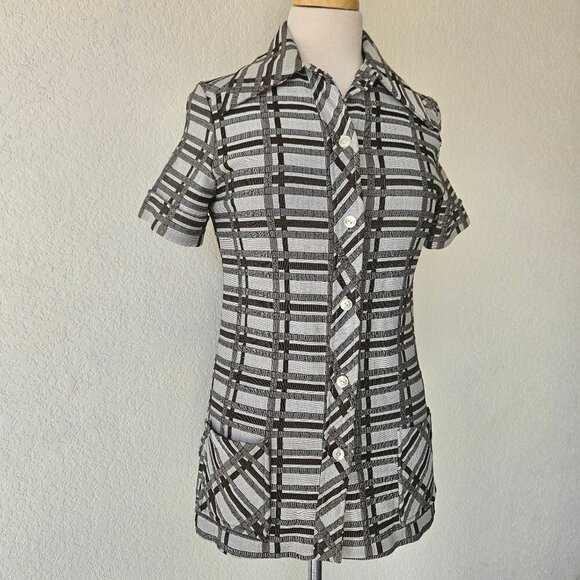 Vintage 70s Brown Gray Plaid Double Knit Polyester Tunic Top Shirt Pockets S/M - Picture 4 of 7